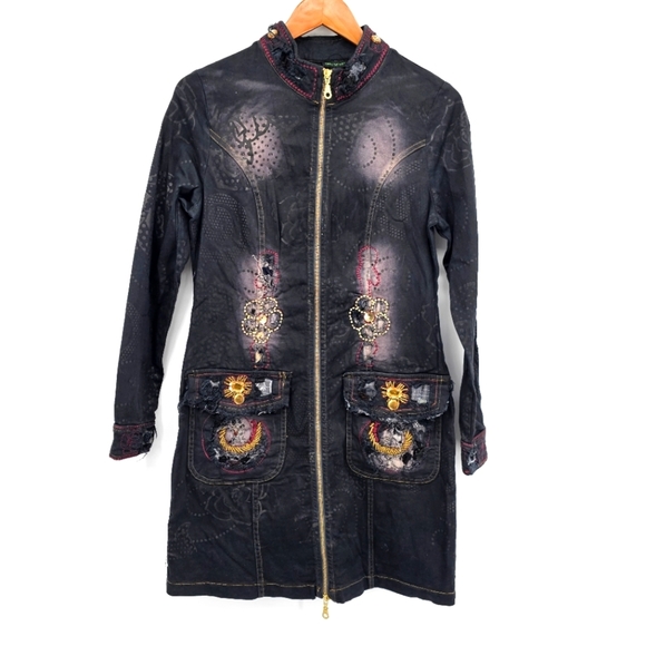 Tricotto Distressed Embelished Embroidered Denim Jacket Style 766 Womens Dress - Picture 1 of 9